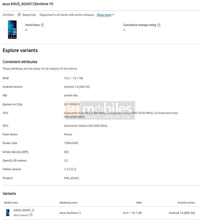 ASUS Zenfone 11 Google Play Console listing