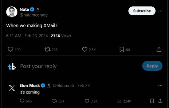Elon Musk Tweet on X about Xmail