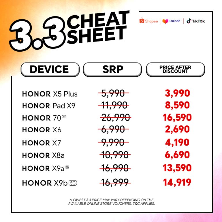 HONOR 3.3 Mega Sale Cheat Sheet