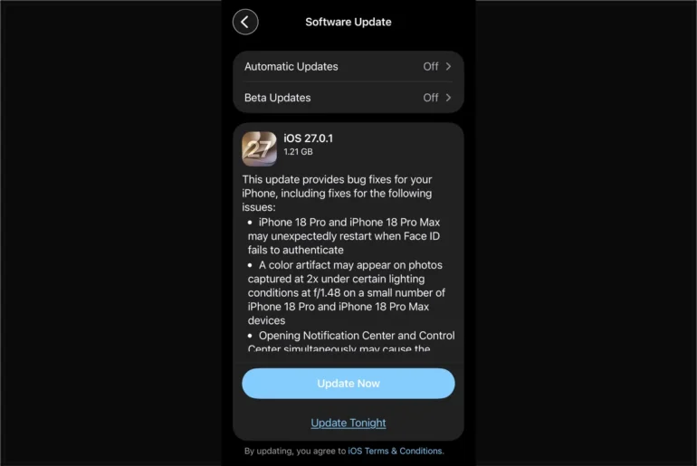 Apple rolls out iOS 27.0.1 bug fix update