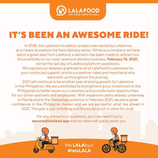 Lalafood PH to stop operations starting Feb. 15