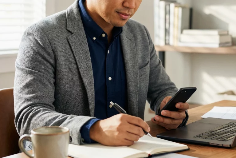 man writing and holding a phone