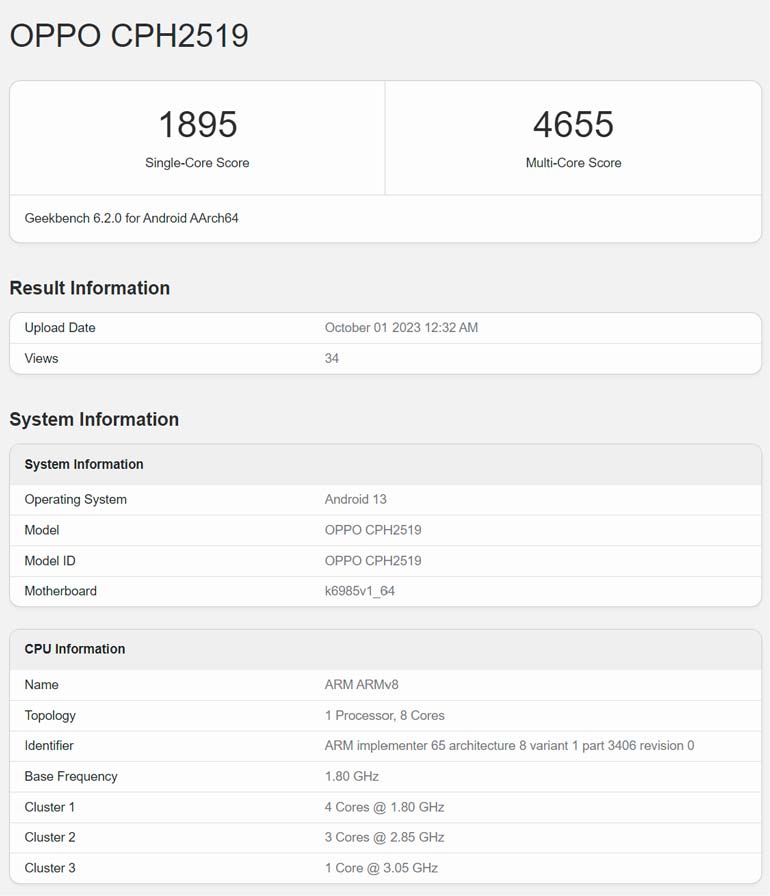 OPPO Find N3 Flip Geekbench scores