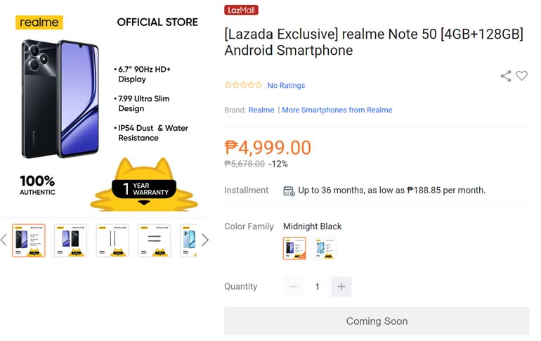 realme Note 50 128GB Lazada listing