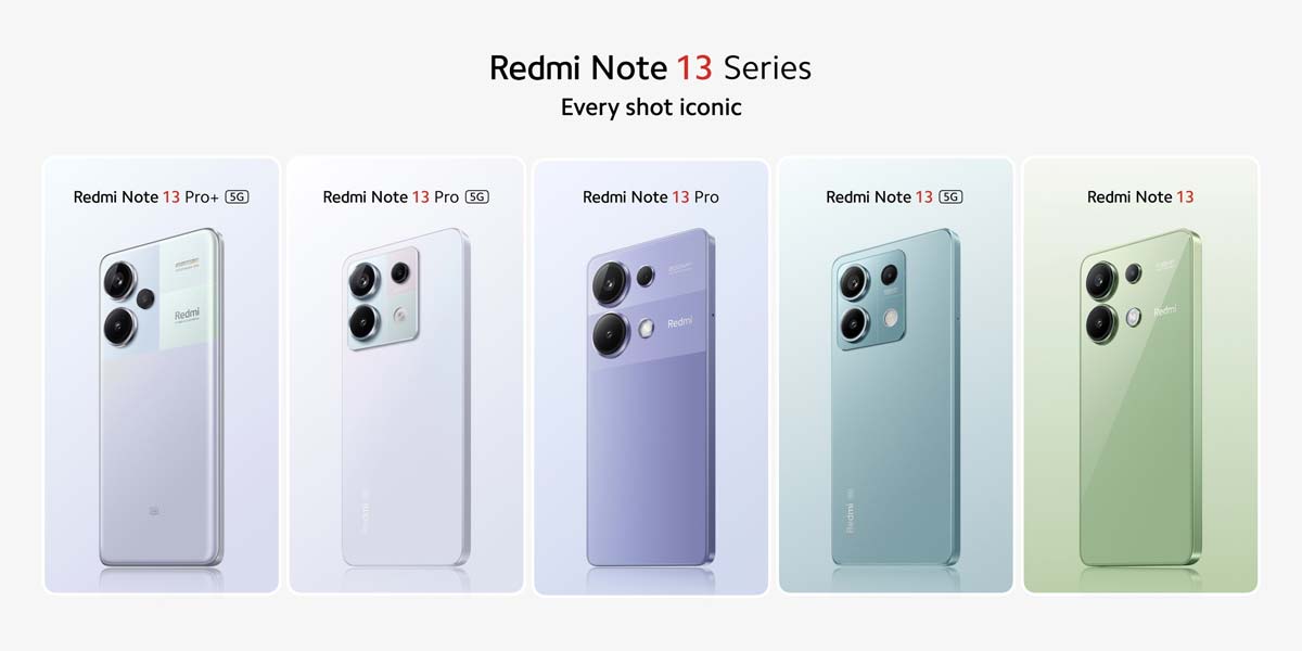 Redmi Note 13 Pro+ 5G, Redmi Note 13 Pro 5G, Redmi Note 13 Pro 4G, Redmi Note 13 5G, and Redmi Note 13 4G