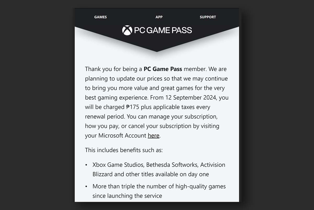 Xbox PC Game Pass subscription price announcement