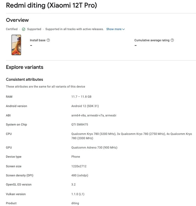 xiaomi 12T pro specs google console listing